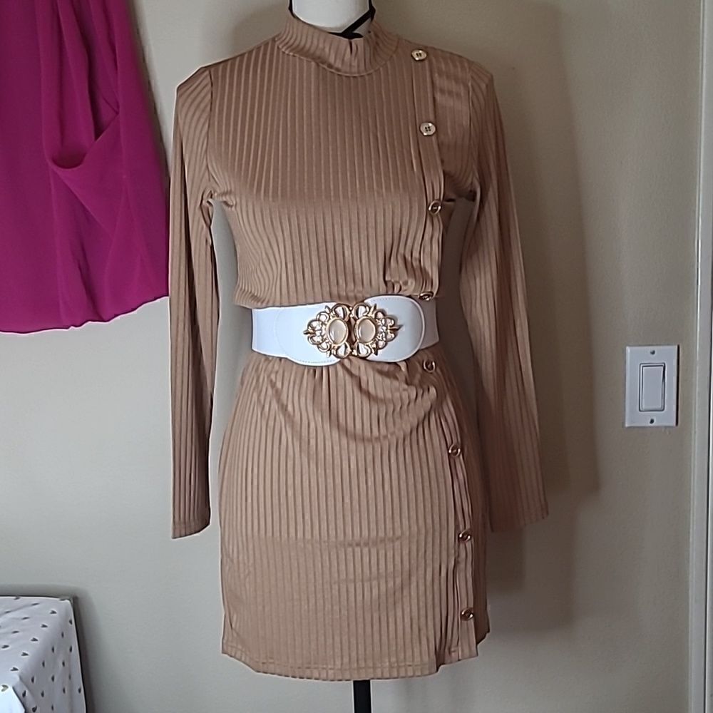  Ribbed Knit Mock Neck Fitted Dress M side button detail - Picture 3 of 13